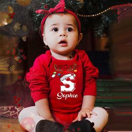 Rompers Personalised Baby Cotton Bodysuit Initial with Name Infant Christmas Party Red Outfit Newborn Long Sleeve Jumpsuit Xmas Clothes H240508