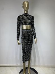 Work Dresses Luxury Studded Two Piece Set Women Party Outfits Spring Autumn Long Sleeve Turtleneck Crop Tops And Skirt Celebrity Evening