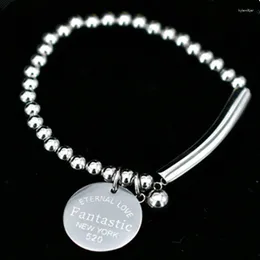 Link Bracelets Stainless Steel Ball Beads Bracelet For Women Circle Tag Charm Stretch Strand "Fantastic Eternal Love York" K001-8