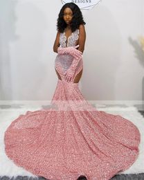 Sequins Pink Memraid Prom Gowns for Black Girls 2024 Sparkly with Goes Beaded Crystal Birthday Party Dresses Evening Dress