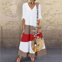 Casual Dresses Women Colour Block Splicing Dress Short Sleeve Loose Party Long