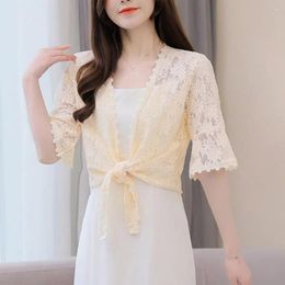 Women's Blouses Solid Color Cardigan Lightweight Shirt Stylish Lace Embroidery Half Sleeve Horn Shawl Short Type A