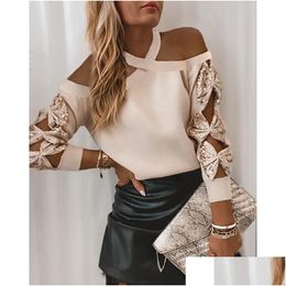 Women'S Sweaters Womens Sweaters Jchb Sequins Bowknot Cut-Out Long Sleeve Spring Fashion Round Neck Plovers Cold Shoder Elegant Knitt Dhvi9