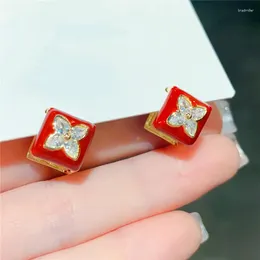 Dangle Earrings Luxury Red Sparking Zircon Flower Paved Top Grade Fashion Jewellery Birthday Gifts