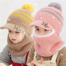 Berets Windproof Ear Protection Cap Winter Warm Hooded Scarf Earflap Fleece Lining Baseball Caps Knitted Kids Beanie Hats