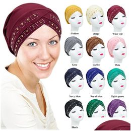 Bandanas Women Fashion Muslim Turban Hats Lady Rhinestone Pure Colour Shredded Milk Chemo Hat Head Scarf New Pattern 7 8Dc J2 Drop Deli Dhf3S