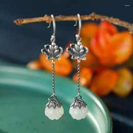 Dangle Earrings Lotus Vintage 925 Sterling Silver Inlaid Hetian Jade Antique Finish Ladies' Ancient Style Long
