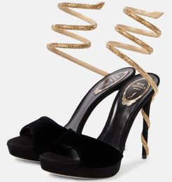 Summer Luxury Renecaovilla Margot Sandals Shoes Snake Wrapped Women High Heels Crystal Strappy Velvet Red Black Slingback Pump Party Wedding