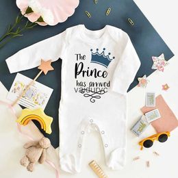 Rompers The Prince Has Arrived Print Baby Babygrow Sleepsuit Vest Bodysuit Newborn Boys Coming Home Hospital Clothes Infant Shower Gift H240508