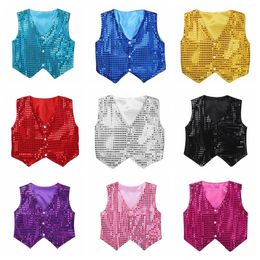 Children Hip-hop Jazz Street Dance Vest Boys Girls Shiny Sequin Waistcoat Kids Choir Christmas Party Stage Performance Costume 240116