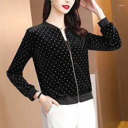 Women's Blouses Chiffon Shirt With Gold Stamping Oversized Zippered Baseball Jacket Black Long Sleeved Spring And Autumn