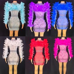 Stage Wear 6 Colours Feather Sleeves Rhinestones Dress Women Party Evening Dresses Birthday Celebrate Costume Festival Outfit XS6598