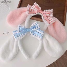 Headbands Anime Lolita Plush Bunny Ears Headbands For Women Girls Plush Rabbit Ear Hairband Sweet Bowknot Cosplay Party Hair Accessories YQ240116