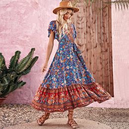 Summer Beach Floral Print Dress for Women Bohemian Elegant Ladies V-neck Short Sleeve Female Robe Boho Hippie Maxi Dresses 240116