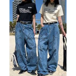 Women's Jeans New street heavy industry hand-painted graffiti jeans women spring and autumn high waist slimming washed straight-leg pantsephemeralew
