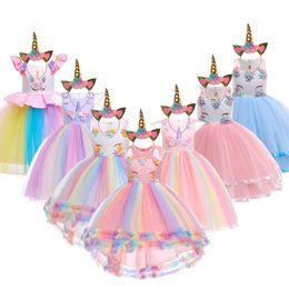 Colourful Girls Unicorn Dress Pastel Rainbow Tulle Princess Girl Birthday Party Dresses Child Halloween Unicorn Perform Costumes 240116