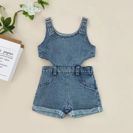 0-4Y children's denim game suit baby girl summer clothing solid Colour sleeveless hollow short sleeved jumpsuit girl top 240116