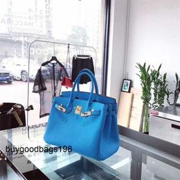 Designer Bag Womens Handbags Handmade Sky Blue Lychee Grain Leather Bag Womens Bright Soft Hand Shoulder Middle
