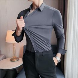 Men's Dress Shirts Traceless Process Stretch Anti-Wrinkle Special Design Pure Color Men Shirt Long Sleeve Slim Fit Easy-care Smart