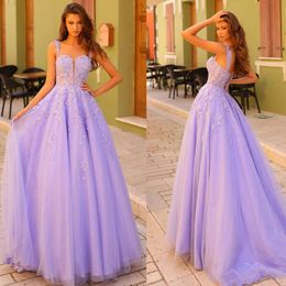 Glitter Tulle Dresses 2024 Spaghetti Strap Lace Appliques A Line Formal Prom Party Gown Illusion Exposed Boning Vestidos De Fiesta 326 326