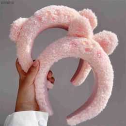 Headbands Girls Cute Plush Bear Rabbit Ears Headband Autumn Winter Head Hoop Cartoon Girls Kid Hairband Headdress Cloth Hair Accessories YQ240116