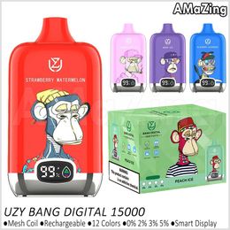 Original UZY Bang Digital 15000 Puffs Disposable E Cigarettes Puff 15K Smart Screen Mesh Coil Rechargeable 850mAh Vaper 12 Flavors 0% 2% 3% 5% Vape Box Kit