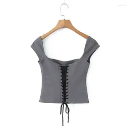 Women's Blouses Top Short Sleeve Square Neck Ladies Sexy Chic Tops Y2K Women Lace Up Bandage Back Grey Crop