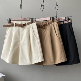 MEXZT Belt Pure Cotton Shorts Women High Waist Wide Leg A Line Suit Shorts Office Lady Solid Loose Casual All Match Short Pants 240116