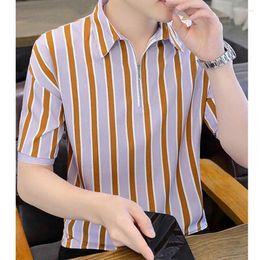 Men's Polos Fashion Lapel Zipper Short Sleeve Striped Polo Shirts Clothing 2024 Summer Loose All-match Tops Korean Tee Shirt