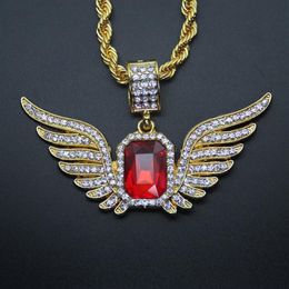 Hip Hop Angel Wings with Big Red Ruby Pendant Necklace for Men Women Iced Out Jewelry2497
