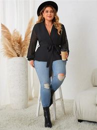 Plus Size Wrap V Neck LaceUp Women Blouse See Through Long Sleeves Top Solid Color Loose Casual Shirts Spring Elegant Tee 240116