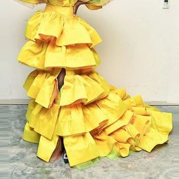 Skirts Yellow Cascading Train Puffy For Women Tiered Ruffles Satin Front Slit Maxi Skirt Birthday Pos