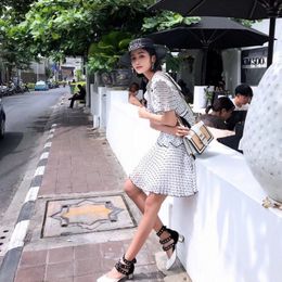 2024 New Summer New Polka Dot Chiffon Stitching Lace V-neck Classic Style Beach Vacation Pleated Skirt White Dress