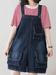 Women's Shorts Fashion Solid Denim Overalls Sleeveless Shoulder Strap Jumpsuit Summer Vintage Korean Loose Straight Button Jeans Short