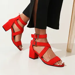 Sandals Flock Material Red Nude Color Open Toe Cross-strap Design Double Buckle Belt Square Chunky Heels Women Plus Size 13 48