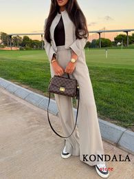 KONDALA Vintage Casual Solid Women Suit Single Breasted Long Sleeve Short Jackets Loose Pants Chic Fashion 2023 Autumn Sets 240115