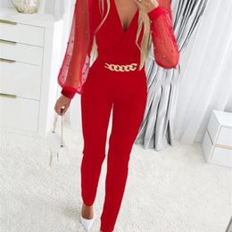 Sexy Deep V-neck Mesh Long Sleeve Jumpsuit Spring Autumn Overall Women Black Elegant Chain Decor Party Jumpsuits 240115