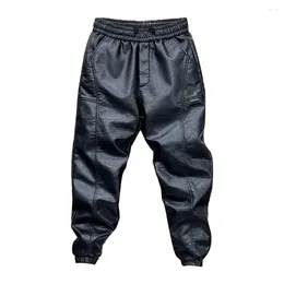 Men's Pants Solid Color Windproof Faux Leather With Ankle-banded Patchwork For Cycling