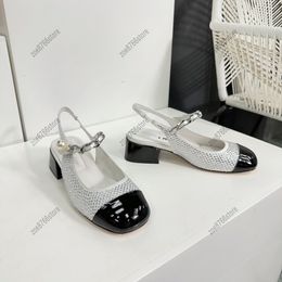 Designer-Damen-High-Heels, Marken-Strass-Absätze, Perlenkette hinten, hohl, Mary Jane, runde Zehen, einzelne Schuhe, schwarz, weiß, Hochzeitsschuhe, Party-Schuhe