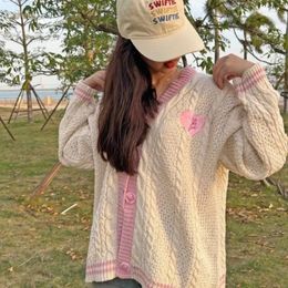 Women's Knits Pink Star Embroidery Temperament V-neck Single Breasted Cardigan Women 2024 Spring Casual Loose Y2k Ladies Sweater Coat