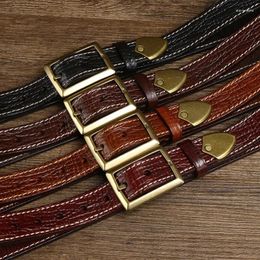 Belts Western Thicken Retro Cow Leather Tree Pattern Copper Pin Buckle Men Belt Fashion Line Design Genuine Gift