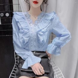 Women's Blouses 2024 Spring And Autumn Style Ruffled Flared Sleeve Shirt Fashion Lace V-neck Blouse