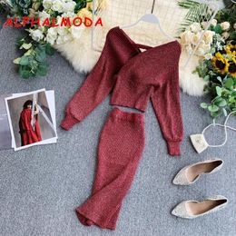 Work Dresses ALPHALMODAD 2024 Bright Silk Knitting V-neck Bat-sleeved Sweater Wrap Hip Skirt Women Autumn Sexy 2pcs Suit Ladies Elegant Set