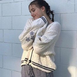 Women's Knits Fashion Beige Star Embroidery Knitted Cardigan Women Autumn Winter Loose Fit V-Neck Long Sleeve Sweater Coat Y2K