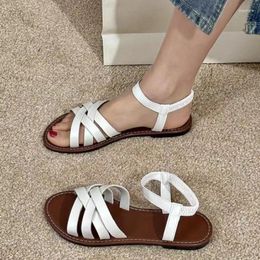 Sandals Summer Women Retro Leather Round Toe Open Flat Beach Shoes Comfortable Slip On Outdoor Walking Roman