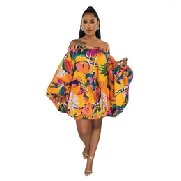 Ethnic Clothing African Dresses For Women Summer Fashion Stretch Off Shoulder Slash Neck Lantern Long Sleeve Print Gown Clothes