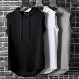 Men's Tank Tops Summer Gyms Clothing Men Bodybuilding Hooded Top Sleeveless Vest Sweatshirt Fitness Workout Sportswear Male