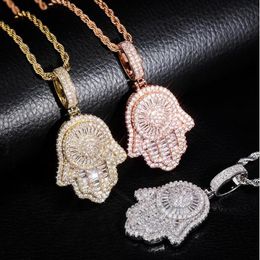 Iced Out Hand of Fatima Hamsa Pendant Necklace CZ Copper Top Quality Cubic Zircon Bling For Men Women Hip hop gifts2629