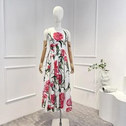 Casual Dresses Cotton Top Quality 2024 Latest White Spring Summer Elegant Flower Printing Sleeveless Pleat Woman Midi Dress