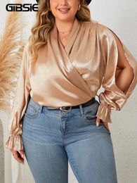 GIBSIE Plus Size Solid Wrap V Neck Satin Top 2023 Fall Women's Fashion Party Long Sleeve Slit Elegant Office Work Shirt Blouse 240116